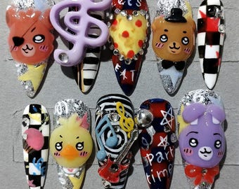 FNAF Kawaii Press on Nails Handmade 3D Freddy Bonnie Nails Cute Pizza False Nails High Quality Luxury Hand painted Custom Gamer Nail Art Set