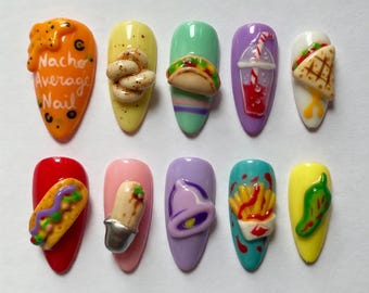 Summer Press On Nails Taco Bell Nails Nacho Taco Burrito Cute 3D Handmade Nails Fast Food French Fries Custom Fake Glue On Nails Kawaii