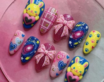 Summer Press On Nails Kawaii Bunny Galaxy Nails Star Bow Cute 3D Handmade Nails Pastel Pink Blue Custom Fake Glue On Nails Anime Japanese