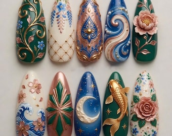 Summer Press On Nails Koi Fish Nails Floral Nails Wave Moon Nails Japanese Art Nails Cute 3D Handmade Nails Luxury Custom Fake Glue On Nails