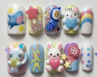 Summer Press On Nails Shark Nails Kawaii Nails Cute Bunny Nails Rainbow Nails Animal Nails Cute 3D Handmade Nails Pastel Custom Fake Nails