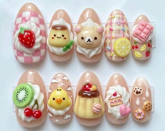 Summer Press On Nails Rilakkuma Nails Pudding Kiiroitori Dessert Cute 3D Handmade Nails Pastel Fruit Kawaii Custom Fake Glue On Nails