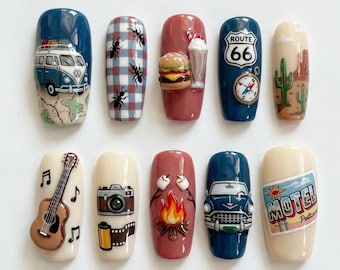 Summer Press On Nails Road Trip Nails Route 66 Camper Burger Cactus Cute 3D Handmade Nails Retro Vintage Custom Fake Glue On Nails