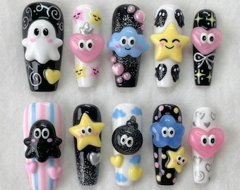 Summer Press On Nails Cute Ghost Nails Pastel Cloud Star Cute 3D Handmade Nails Pastel Goth Kawaii Custom Fake Glue On Nails Spooky Glitter