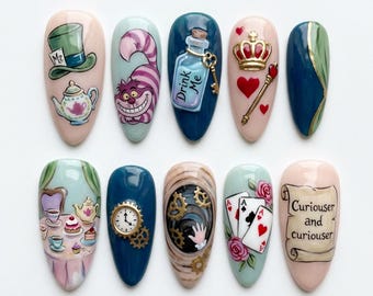 Summer Press On Nails Alice In Wonderland Nails Cheshire Cat Drink Me Cute 3D Handmade Nails Tea Party Custom Fake Glue On Nails Mad Hatter