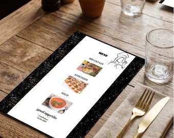 Plantilla elegante de menú para restaurante en dorado y negro (descarga digital)