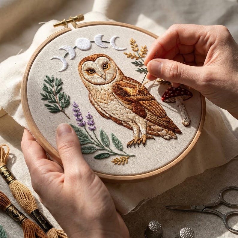 Barn Owl Embroidery Kit | Celestial Moon Phases Craft | Cottagecore ...
