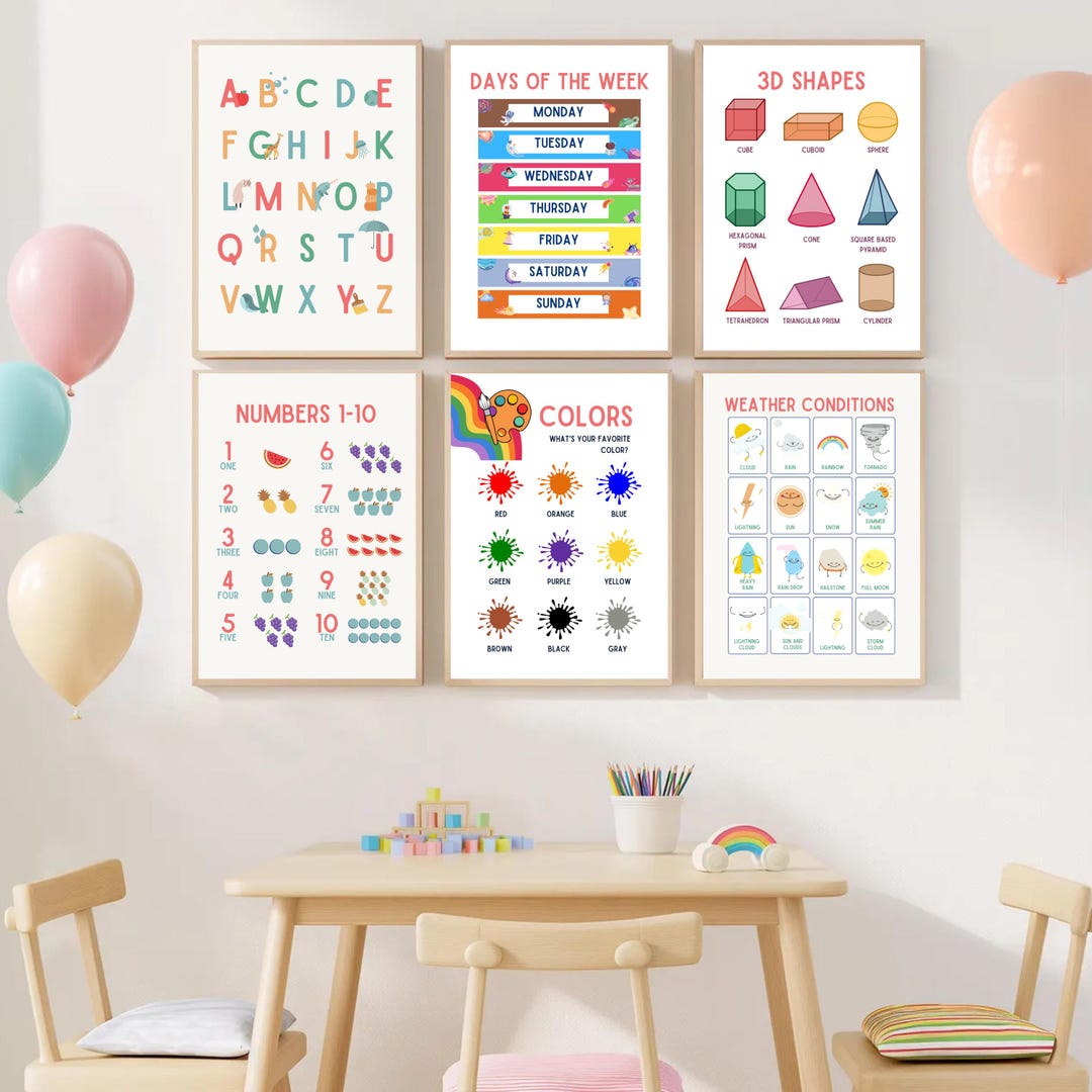 Educational Posters Kids Wall Art Bundle, Set of 6 Colorful Playroom ...