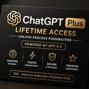 Puede incluir: Gráfico negro y dorado con el texto "ChatGPT Plus ACCESO DE POR VIDA". El gráfico incluye iconos para respuestas más inteligentes, productividad más rápida, seguro y confiable y experiencia premium. También está presente el texto "DESBLOQUEA POSIBILIDADES INFINITAS".
