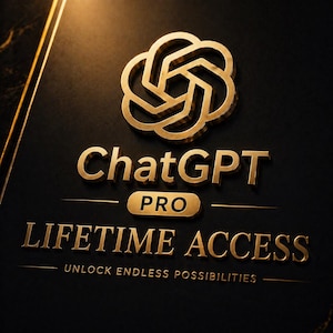 Puede incluir: Logotipo y texto dorados sobre fondo negro. El texto dice "ChatGPT PRO LIFETIME ACCESS" con el lema "UNLOCK ENDLESS POSSIBILITIES". El logotipo es un nudo dorado estilizado. El diseño general es elegante y profesional.