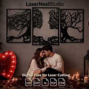 May include: Black metal wall art set featuring three panels with tree and face designs. The image includes a couple, candles, and heart-shaped balloons. Text reads "Digital Files for Laser Cutting."