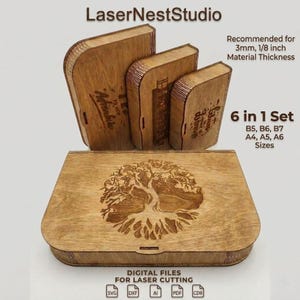 May include: A set of wooden boxes for laser cutting, featuring a tree design on the front. Text includes LaserNestStudio, Recommended for 3mm, 1/8 inch Material Thickness, 6 in 1 Set, B5, B6, B7, A4, A5, A6 Sizes, and DIGITAL FILES FOR LASER CUTTING.