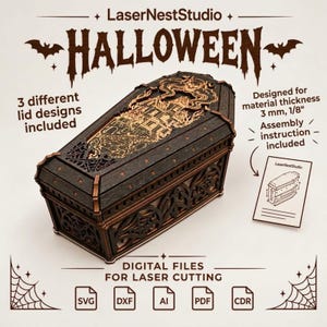 May include: A dark brown laser-cut wooden coffin box with an intricate haunted house design on the lid. Text includes LaserNestStudio, HALLOWEEN, 3 different lid designs included, Designed for material thickness 3 mm, 1/8, and DIGITAL FILES FOR LASER CUTTING.