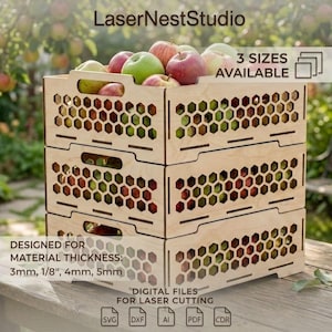 May include: A stack of three light-colored wooden crates with a laser-cut hexagonal honeycomb pattern on the sides and integrated handles. The crates are filled with red and green apples. Text on the image includes LaserNestStudio and 3mm, 1/8", 4mm, 5mm.