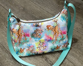 Bambi hobo bag. Bambi deer purse shoulder bag. Hobo sling bag. Small hobo style crossbody bag