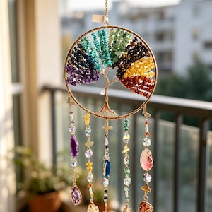 Large Rainbow Tree of Life Wall Hanging, Colorful Gemstone Butterfly Decor, Meditation Room Art, Housewarming Gift