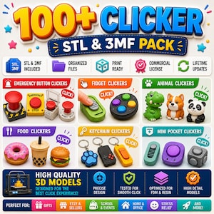 Paquete de más de 100 modelos 3D de clickers en formato STL 3MF: animales, botones de emergencia, comida y juguetes antiestrés (descarga digital).