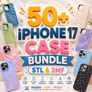 May include: A digital bundle of 50+ iPhone 17 case designs featuring various textures like honeycomb, geometric, and wavy patterns in blue, green, pink, purple, and black. The text reads 50+ IPHONE 17 CASE BUNDLE STL & 3MF, highlighting 3D print ready files.
