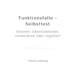 Könnte beinhalten: Weißer Hintergrund mit schwarzem Text. Der Text lautet "Funktionsfalle - Selbsttest" und "Erkenne: Überfunktional, vermeidend oder reguliert." Darunter eine horizontale Linie und die Worte "innere ordnung."