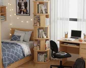 5-Tier Rotating Bookshelf Tower – Space-Saving Round Bookcase, White Oak Walnut
