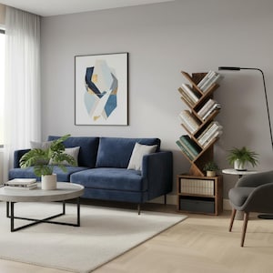 May include: A dark blue velvet sofa with two light gray throw pillows, a round gray coffee table, and a tall, narrow, tree-shaped wooden bookshelf with multiple angled shelves filled with books and two storage bins at the base.