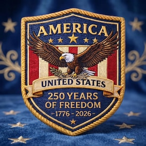Puede incluir: Un parche bordado en forma de escudo que presenta un águila calva con las alas extendidas, sosteniendo flechas y una rama de olivo. El diseño incluye rayas rojas y blancas, detalles en azul y el texto AMERICA, UNITED STATES, 250 YEARS OF FREEDOM, 1776-2026.