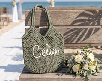 Torba typu tote z haftem na szydełku, torebka na ramię w stylu boho na lato, ręcznie robiona torba podróżna z dzianiny, prezent ślubny dla druhen