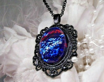 Victorian Dragons Breath Mexican Fire Opal Large Necklace Pendant Black setting chain Gothic