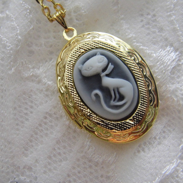 Petite - child Locket Cameo kitty cat Kitten black white necklace locket