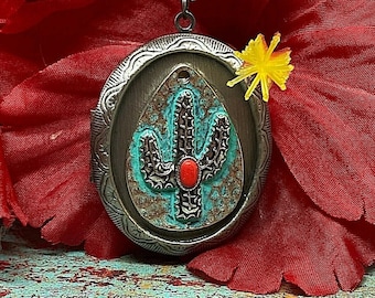 Saguaro Cactus Red Stone Charm Large Locket Necklace Western Southwest Photos