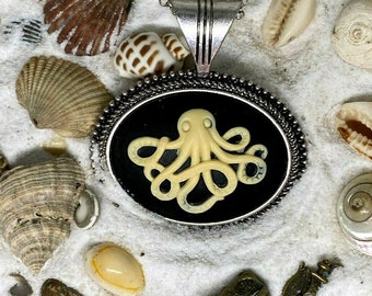 Kraken Octopus Ship Antique Silver Necklace Pendant Cameo Pirate Keepsake Costume Nautical