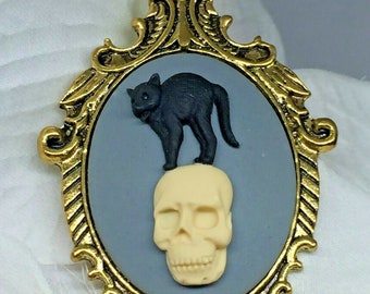 HALLOWEEN Skull Cat Black Skeleton Gothic Cameo Necklace Pendant Rockabilly Goth- 30x40