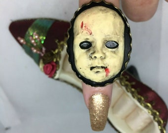 Ring Gothic Creepy Dead Baby doll Vampire Steampunk Rockabilly Bronze Gold Victorian Cameo