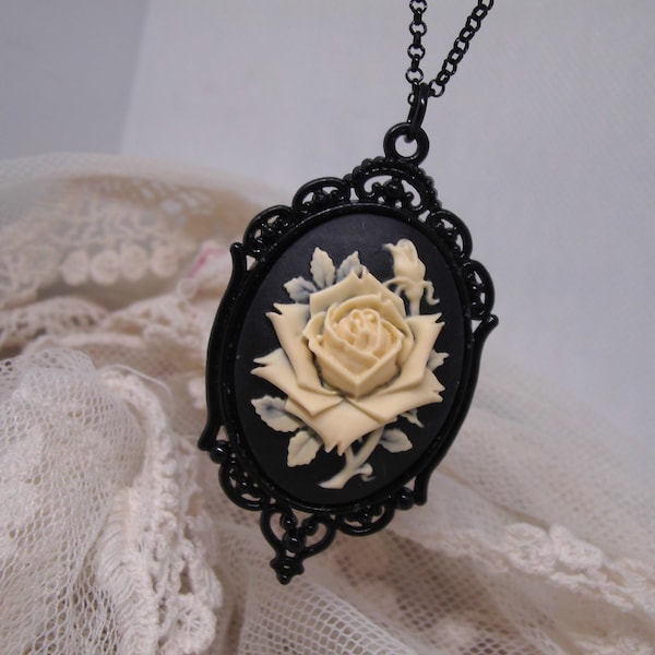 Victorian Jewelry Rose Necklace Cameo Black mourning necklace Rockabilly Black Cream rose