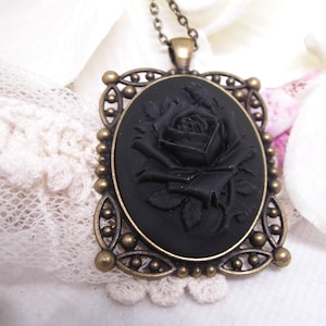 Victorian Black Rose Cameo Bronze Necklace Antique Gold Lace Setting Mourning Pendant