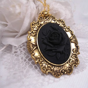 Gold Black on Black Rose Cameo Necklace Pendant Gothic Victorian Mourning Jewelry