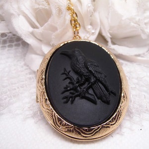 Locket Black on Black CROW Gothic Rockabilly Cameo Necklace Pendant Victorian Jewelry