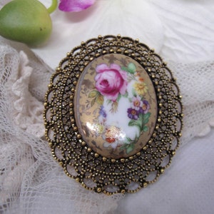Gold Bouquet Wedding Pin China Porcelain Jewelry Brooch Necklace Pendant Rose Flowers