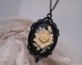 Victorian Jewelry Rose Necklace Cameo Black mourning necklace Rockabilly Black Cream rose