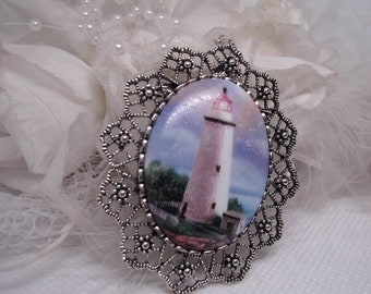Lighthouse Sailboat Nautical Porcelain Silver or gold Pendant Antique white Brooch Vintage Style