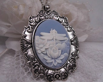 Silver Fancy Blue Dragonfly Cameo Necklace Pendant Charm Vintage style Victorian Powder Blue