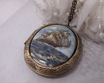 Porcelain Pirate Ship  Nautical Keepsake Locket Necklace Pendant Beach