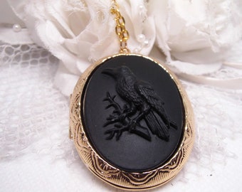 Locket Black on Black CROW Gothic Rockabilly Cameo Necklace Pendant Victorian Jewelry
