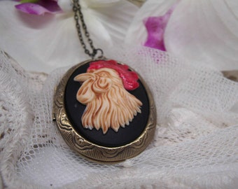 RED   Rooster Cameo Western Farm Girl  Keepsake Locket Necklace Pendant Pill Box