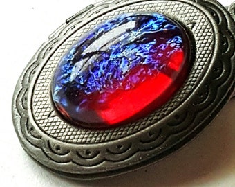 Mexican Glass Fire Opal glass art Mythical Heirloom Locket Necklace Goth Queen
