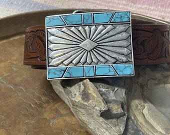 TURQUOISE Sun Concho Cowboy Western Silver  Belt Adjustable  Buckle MEN WOMEN