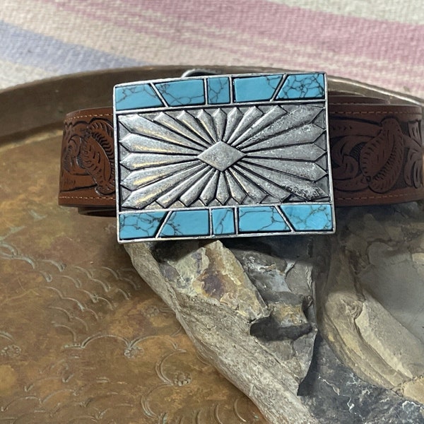 TURQUOISE Sun Concho Cowboy Western Silver  Belt Adjustable  Buckle MEN WOMEN