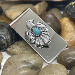 Pinza para billetes THUNDERBIRD Native American de acero inoxidable, diseño único de T-Bird turquesa
