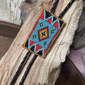 ART hand beaded Bolo Tie Beadwork Turquoise Red Arrow LARIAT Aztec  Father&#39;s DAY Birthday Son Husband Gift Wedding