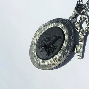 Raven Crow Bird Goth Locket Necklace Memory Gunmetal PHOTO Picture CAMEO Empress